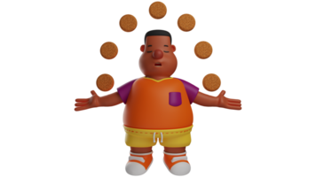 3D illustration. Calm Fat Boy 3D Cartoon Character. Boy doing meditation. Boy who closed his eyes and stretched out his arms. Fat guy mediating and surrounded by lots of biscuits. 3D cartoon character png