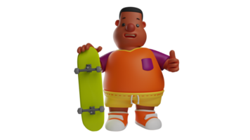 3D illustration. Cool Boy 3D Cartoon Character. Fat boy who likes to play skateboard. The boy is standing holding a green skateboard and showing a sweet smile. 3D cartoon character png