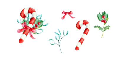 Christmas composition with elements. Candy cane compooosition with red ribbon, mistletoe brench and holly. png