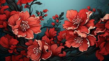 AI generated red floral lineart background photo