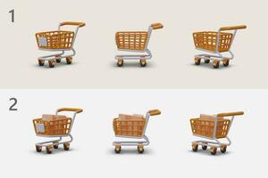 Set of cartoon realistic 3d empty and full shopping carts. Render of cart from different sides vector