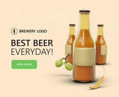 Banner with 3d bottles of beer. Concept of main page of site for ale store vector