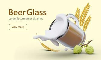 Draft beer in tilted glass mug. Horizontal banner template with colored 3D elements vector