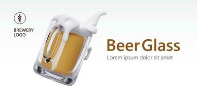 3D glass mug with foamy beer on light background. Horizontal template of beer products and mugs vector