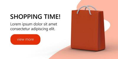 Web banner with big red 3d shop bag and button view more. Shopping time creative concept vector