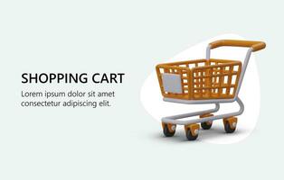 Banner with 3D empty shopping cart. Color advertising of shops and services vector