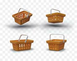 Set of realistic plastic shopping baskets. Collection 3D baskets from different views vector