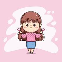 cute girl long hair with pink sweater love sign chibi kawaii vector