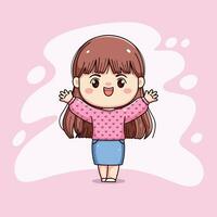 cute girl long hair with pink sweater feeling happy hands up chibi vector