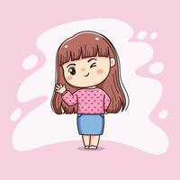 cute girl long hair with pink sweater greeting chibi kawaii vector