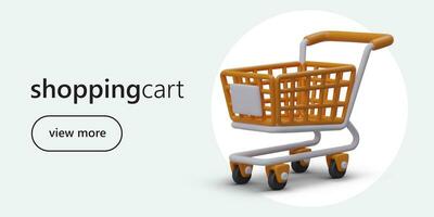 Web page with cartoon realistic 3d shopping cart. Promotion banner for supermarket vector