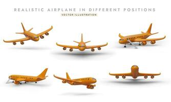 Set of realistic images of aircraft in different positions. Orange 3D plane from above, side, below vector