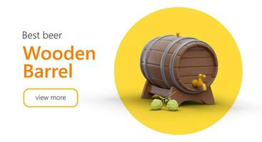 Best wooden barrel. Advertisement of cooperage. Template for web design with text, 3D illustration vector