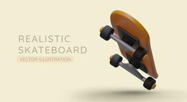 Realistic skateboard in process of performing trick. 3D board in flight, bottom view vector