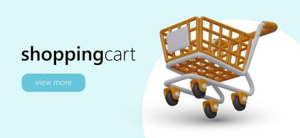 Cartoon shopping cart in realistic 3d design. Web page with button view more vector