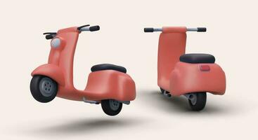 Set of red 3D motor scooters. Realistic mopeds from different angles vector