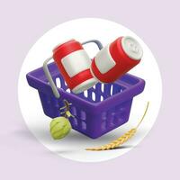 Cartoon realistic 3d shopping basket with two cans of beer, hops and barley vector