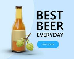 Promotion banner with 3d glass bottle of beer and hop on blue background for beverage factory vector