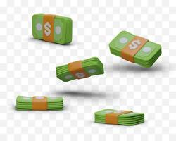 Realistic bundles of greenbacks tied with ribbon. Set of 3D stacks of dollars vector