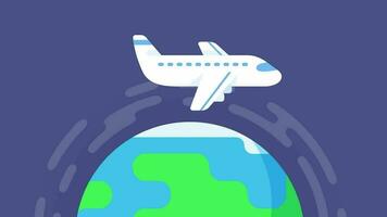 Airplane flying over the globe in cartoon style. World travel concept video