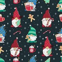 Seamless pattern with funny gnomes with toys and gingerbread cookies on a dark background. Printable holiday cartoon Characters. vector