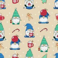 Seamless pattern with funny gnomes with toys and gingerbread cookies on a light beige background. Printable holiday cartoon Characters. vector