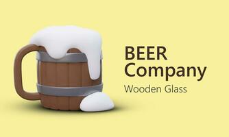 Wooden glass for beer. Banner with 3D image. Durable tableware for serving drinks in portions at bar vector