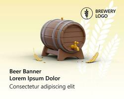 3D beer barrel on background of ripe wheat ears. Beer advertising banner template vector