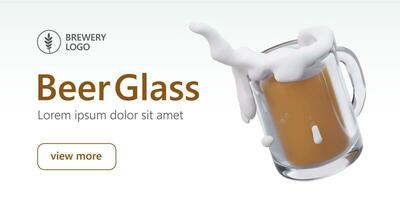 Horizontal template with beer mug and text. 3D drink with white foam splashes out of glass mug vector