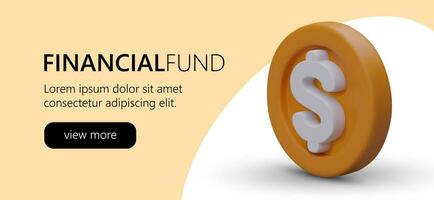 Advertising for financial fund company concept. Web page with big gold 3d coin and button vector