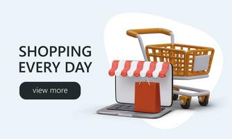 Daily shopping. Shopping at your favorite store. Advertising poster with 3D elements vector