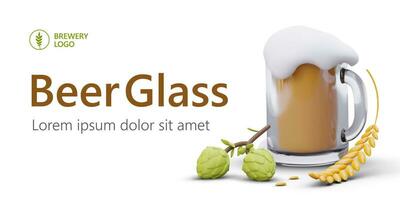 Transparent glass mug with light beer. 3D image of beer from natural ingredients vector