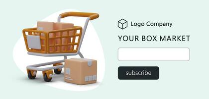 Horizontal web page with orange realistic 3d shopping cart full of parcels vector