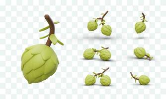 Set 3D images of hop strobiles. Natural raw materials for beer production vector