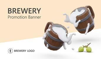 Color horizontal banner with diagonal line. Wooden mugs, beer is splashed with white foam vector