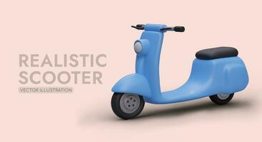 Realistic colored scooter awaits its owner. Poster with 3D figure and text vector