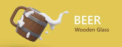 3D wooden mug with handle. Horizontal banner on colored background. Mug full of beer vector