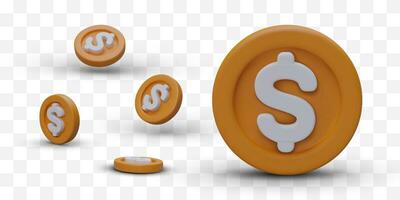 3D coins with dollar sign. Icons symbolizing benefit, profit, accumulation vector