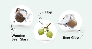 3D elements for advertising beer. Wooden and glass mugs filled with foamy beer, cones of green hops vector