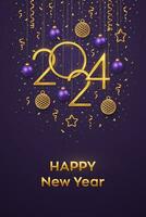 Happy New Year 2024. Hanging Golden metallic numbers 2024 with shining 3D metallic stars, balls, confetti on purple background. New Year greeting card, banner template. Realistic Vector illustration.