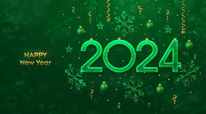 Happy New Year 2024. Hanging glitter ice numbers 2024 with shimmering snowflakes, stars, balls, confetti on green background. New Year greeting card, banner, flyer, poster. Vector illustration.