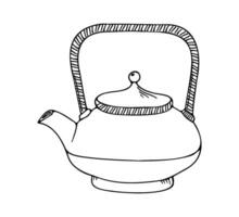 Outline hand drawing tea pot. Teapot doodle illustration. Tea ceremony vector design elements