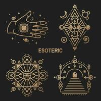 Gold esoteric symbols. Vector. Thin line geometric badge. Outline icon for alchemy or sacred geometry. Mystic, magic design with all-seeing eye, hand, star, gate to another world, moon vector