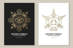 Esoteric symbols. Vector. Thin line geometric badge. Outline icon for alchemy or sacred geometry. Mystic and magic design with philosopher stone, all-seeing eye, stars, planets and moon. vector