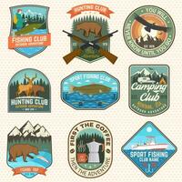 Set of hunting and fishing club patches. Vector. Concept for shirt, logo, stamp, patch. Vintage design with fisherman, fish rod, rainbow trout, hook, deer, bear and forest silhouette vector