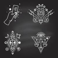 Esoteric symbols. Vector. Thin line geometric badge. Outline icon for alchemy or sacred geometry. Mystic and magic design with all-seeing eye, hand, cup and snakes, law scale. vector