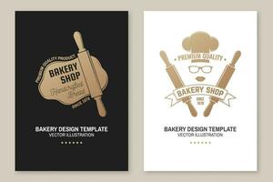 Set of Bakery shop badge. Vector Concept for badge, shirt, label, print, stamp, tee. Design with windmill, rolling pin, dough, wheat ears silhouette. For restaurant identity objects, packaging, menu