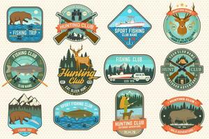 Set of Fishing and Hunting club patches. Vector Concept for shirt, print, patch. Patches with hunting gun, hunter, fish rod, fisher, river, forest. Outdoor fishing and hunting club emblem