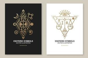 Esoteric symbols. Vector. Thin line geometric badge. Outline icon for alchemy or sacred geometry. Mystic and magic design with all-seeing eye, stars, planets, law scale and moon. vector