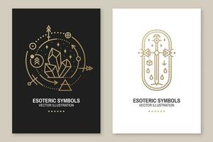 Gold esoteric symbols. Vector. Thin line geometric badge. Outline icon for alchemy or sacred geometry. Mystic and magic design with crystals, sun, star, old sword and moon vector